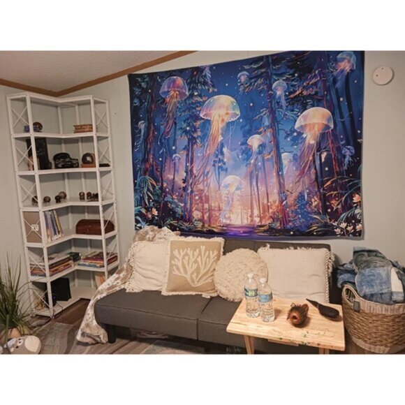 New UV Reactive Blacklight Forest Jellyfish Starry Sky Nature Tapestry, Wall Art